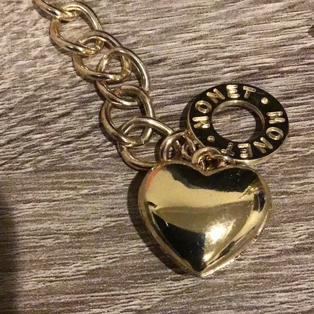 Vintage MONET Bracelet Heart Locket Charm Gold Tone Pink Rhinestone Signed - Picture 5 of 6
